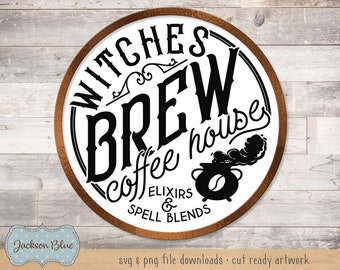 Witches brew coffee house SVG download.  Round Halloween sign design svg.  Halloween svg files.  Halloween clipart. Witch sign download.