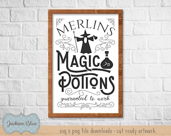 Merlins magic potions SVG download.  Rustic Halloween Design svg.  Cute halloween svg.  Halloween Wizards svg cut file. Farmhouse Halloween.