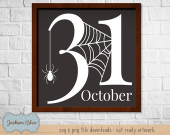 May include: White silhouette of the numbers 31 with a spider web design over the 3 and a spider hanging from the web. The text "October" is below the numbers.