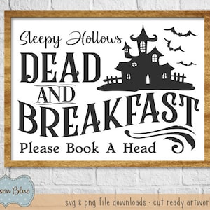 Descarga SVG de Muerto y Desayuno. Diseño de letrero de Halloween svg. Archivos svg de Halloween. Diseño de imágenes prediseñadas de Halloween. Descarga de svg de murciélagos de Halloween.