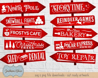 Christmas direction post signs SVG.  Christmas svg cut file.  Rustic holiday designs.  Farmhouse Christmas svg.  Christmas porch signs svg.