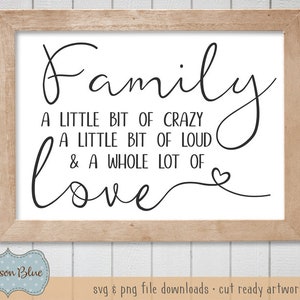 Family a Little Bit of Crazy Lound and a Whole Lot of Love Svg Cut File.  Landhaus Dekor svg download. Rustikaler Haussvg.  Familien zitat svg.
