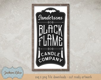 Black flame candle company SVG label download.  Halloween sign design svg.  Halloween svg files.  Sanderson sisters label svg cut file.