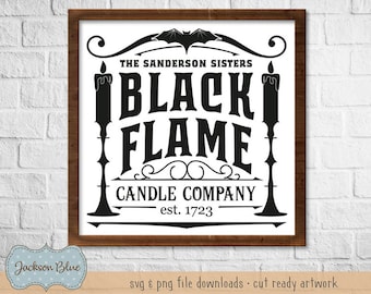 Téléchargement SVG de la société de bougies à flamme noire. Conception de signe d’Halloween svg. Fichiers svg d’Halloween. Fichier coupé svg des sœurs Sanderson.