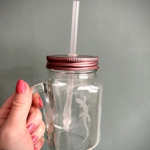 Lizard/ Gecko/ Chameleon Etched Glass Mason Drinking Jar