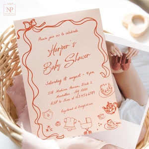 Handgezeichnete Babyparty Einladung Vorlage, Funky Scribble Illustration, handgeschriebenes Einladen für wunderliches Baby Brunch, Schleife Baby Mädchen - DR01