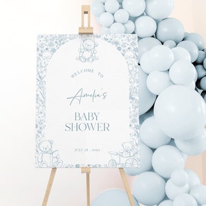 Letrero de bienvenida para baby shower en azul Toile De Jouy, letrero de fiesta con osito de peluche, letrero de bienvenida con flores vintage, baby shower de niño, letrero editable - TJ02
