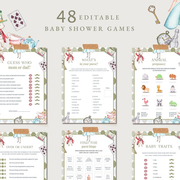Alice in Wonderland Baby Shower Games Bundle, 48 Baby Shower Games, Tea Party Baby Games, Mad Hatter Baby Shower Games - AL01