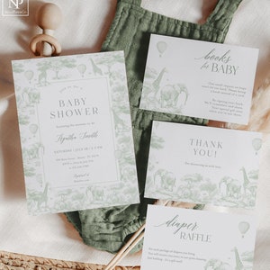 Conjunto de convites para chá de bebê Green Safari Toile De Jouy, modelo de convite para bebê da selva, chinoiserie Sage, bebê neutro, balão de ar quente - TJ01