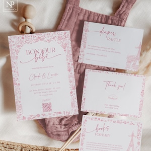 Toile De Jouy Pink Baby Shower Invitation Set,  French Chinoiserie Floral, Bonjour Bebe Invite, Baby Girl, Pink Bow, Digital Template - TJ02