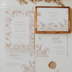 Conjunto de convites para chá de bebê Safari Toile De Jouy, convites para animais da selva, chinoiserie bege, gênero neutro, balão de ar quente - TJ01