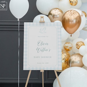 Bewerkbaar blauw pastel babyshower welkomstbord, klassiek geruite babyshower decor, hobbelpaard, afdrukbare sjabloon babyshower babyshower - GN01