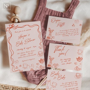 Handgezeichnete Babypartyeinladungs-Set-Vorlage, handgeschriebene Einladung, wunderlicher Baby-Brunch, Funky Scribble-Illustration, Schleifen-Baby-Mädchen DR01