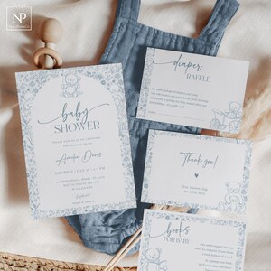 Set di inviti per baby shower in Toile De Jouy blu, festa dell'orsacchiotto, neonato, baby shower floreale vintage, modello digitale, Evite - TJ02