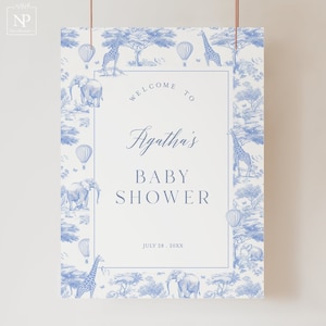 Letrero de bienvenida para baby shower con animales de safari de Toile de Jouy / Tema de globo aerostático de jungla / Chinoiserie azul - Plantilla digital TJ01