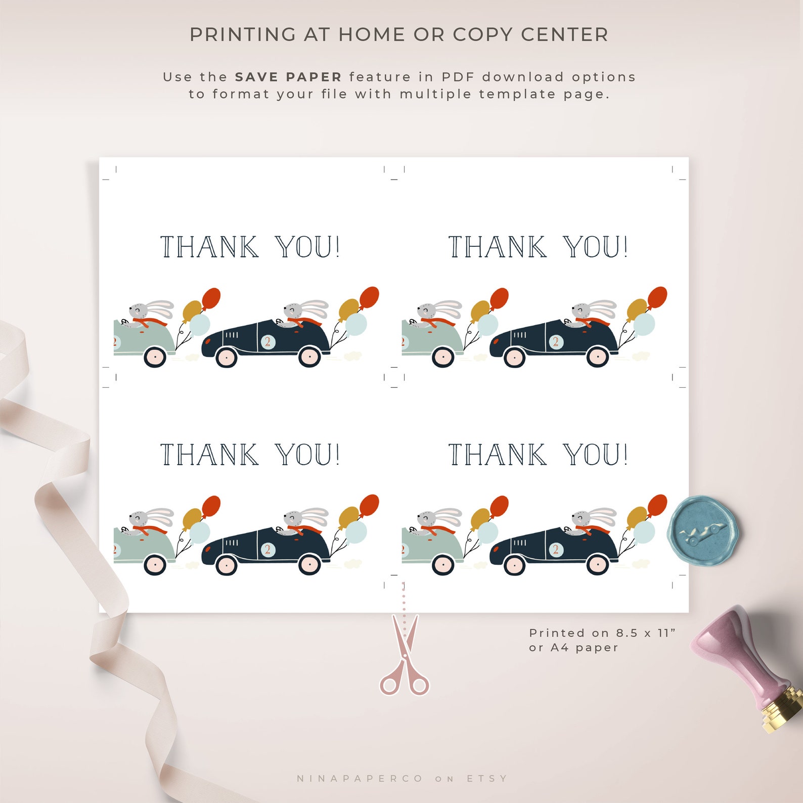Race Car Thank You Card Template, Two Fast Birthday Card, Vintage Race ...