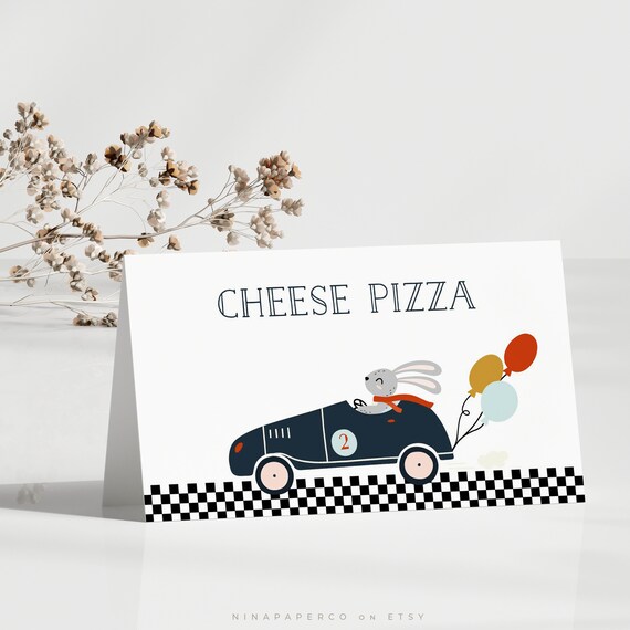 Vintage Race Car Food Labels, Two Fast Place Card, Folded Food Cards