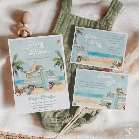 Surf Beach Baby Shower Invitation Set, Baby on Board Invite, Boy Baby Surfboard, Summer Party, Green Retro Van - Editable Template - SF01 Il_570xn