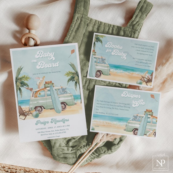 Surf Beach Baby Shower Invitation Set, Baby on Board Invite, Boy Baby Surfboard, Summer Party, Green Retro Van - Editable Template - SF01