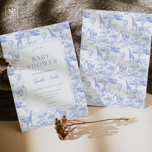 Convite para chá de bebê de animais safari Toile De Jouy, convite com tema de selva, chinoiserie azul, balão de ar quente, bebê menino, modelo digital - TJ01