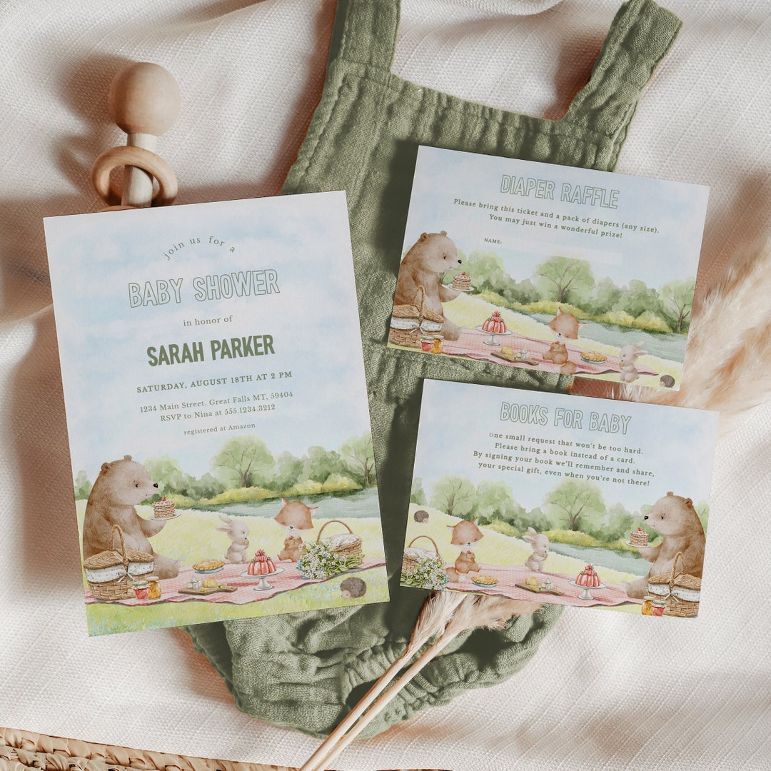 Woodland Picnic Baby Shower Invitation Set, Bear in the Park Invite