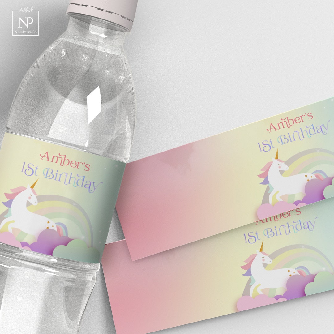 Unicorn Water Bottle Label Template, Unicorn Rainbow Favor Water Bottle