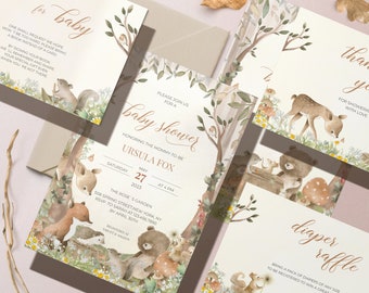 WOODLAND Baby Shower Invitation Suite, Forest Animals Printable Invite, Watercolor Gender Neutral, Editable Template - WL01