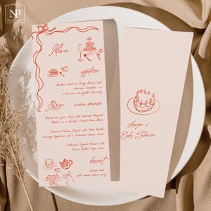 Handgezeichnete Babyparty-Menü-Vorlage, Funky Scribble-Illustrations-Menü, handgeschriebenes Menü für wunderliches Baby-Brunch, Schleifen-Baby-Mädchen - DR01