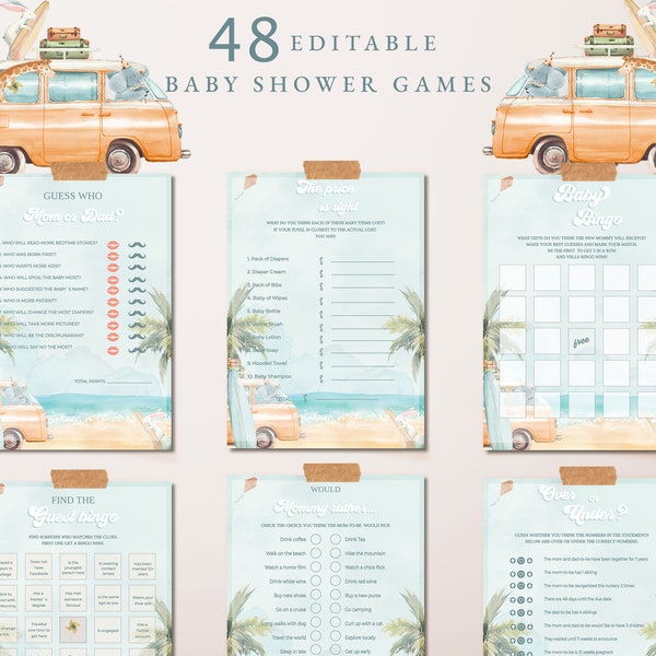 Baby on Board Baby Shower Games Bundle, 48 Baby Shower Games, Activities Games, Surf Baby Shower Games, Retro Van, Editable Template - SF01