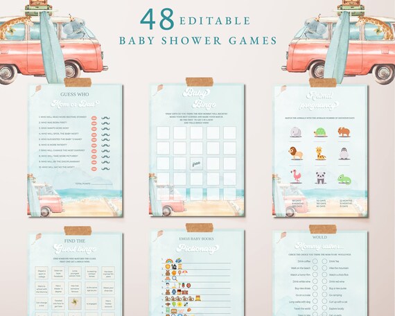 Surf Baby Shower Games Bundle, 48 Baby Shower Games, Baby on Board Activities Games, Summer Baby Shower Games, Editable Template - SF01 Il_570xn