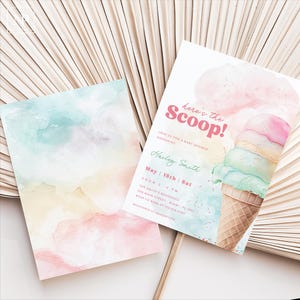 Pastell Eis-Babyparty-Einladungsvorlage, süßes Baby-Streuseln-Thema, Sommerparty, Eistüte-Dusche, hier ist die Schaufel -IC01
