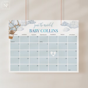 Juego de calendario de fecha de nacimiento de baby shower con globos aerostáticos editables, juego de fecha de nacimiento de bebé niño con globos azules, descarga instantánea - BB01