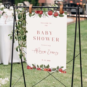 Plantilla de letrero de bienvenida para baby shower de otoño, letrero para baby shower de manzana, La niña de los ojos, póster para baby shower de cosecha de manzana, descarga digital - AP01