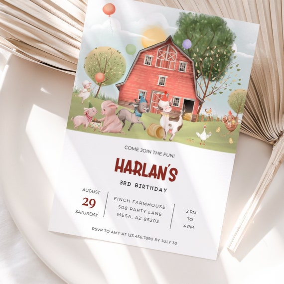 Farm Birthday Invitation Template, Barn Animals Party Invite, Red Ranch Kids Birthday, Barnyard Animals, Barn Party, Instant Download - FM01 Il_570xn
