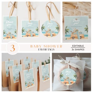 Surf Baby Shower Favors Tag Template, Beach Thank You Tags, Baby on Board Gift Tag, Beach Surfing Party Favors, Reto Van, Custom Tags - SF01