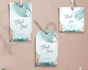 Mermaid Baby Shower Favor Tags, Under The Sea Thank You Cards, Mermaid Tail Favor Tags, Editable Template - ME01
