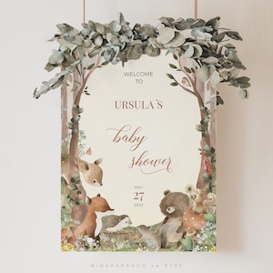 Letrero de bienvenida para baby shower de WOODLAND, letrero de animales del bosque, letrero de bienvenida editable, oso, ciervo, zorro, plantilla imprimible - WL01