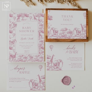 Paquete de invitaciones para baby shower con diseño de safari en Toile de Jouy, chinoiserie rosa, invitación con flores vintage, niña, jungla, globo aerostático - TJ01