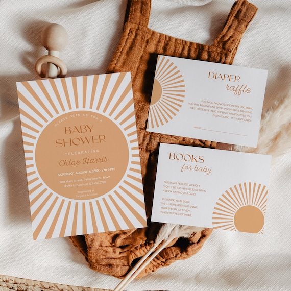Boho Sunshine Baby Shower Invitation Set, Sunshine Baby Shower Invite, Gender Neutral, Modern Sun Baby Shower, Editable Template - SN01 Il_570xn