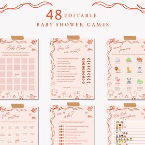 Hand Drawn Baby Shower Games Bundle, Illustrated Doodle & Funky Scribble, Whimsical Bow Theme for Baby Girl, Editable Template  - DR01