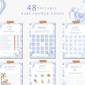 Safari Animal Baby Shower Games Bundle | Toile De Jouy Theme | Jungle Baby Games, Blue Chinoiserie, Hot Air Balloon, Instant Download - TJ01