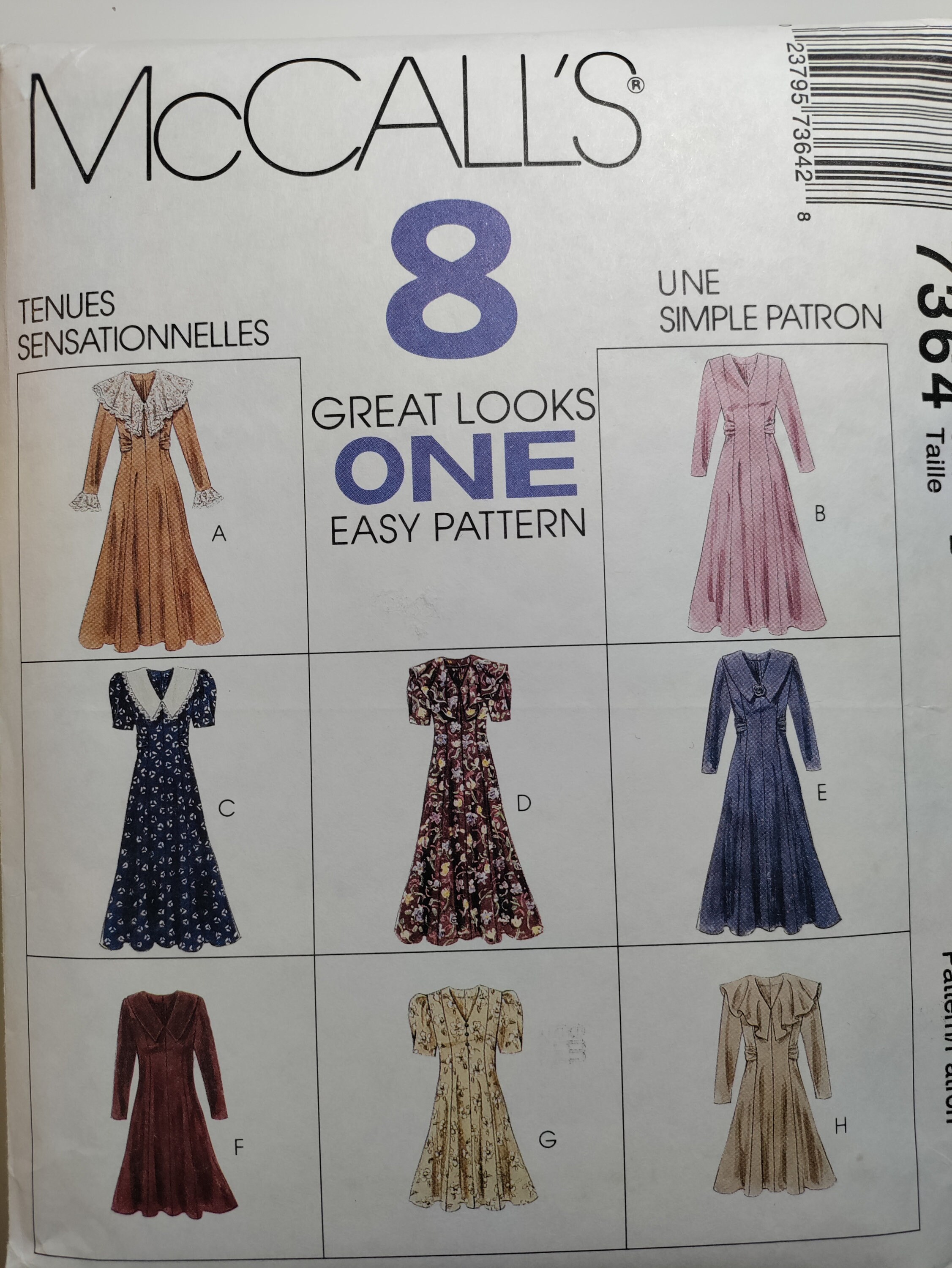 McCall's 7364 princess seamed, fit and flare dress in 2 lengths with collar and sleeve variations, pick your size, all uncut and FF. C.1994