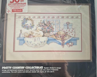 Dimensions Counted Cross Stitch, Pretty Country Collecibles, unopened cross stitch kit, see description and photos C.1988