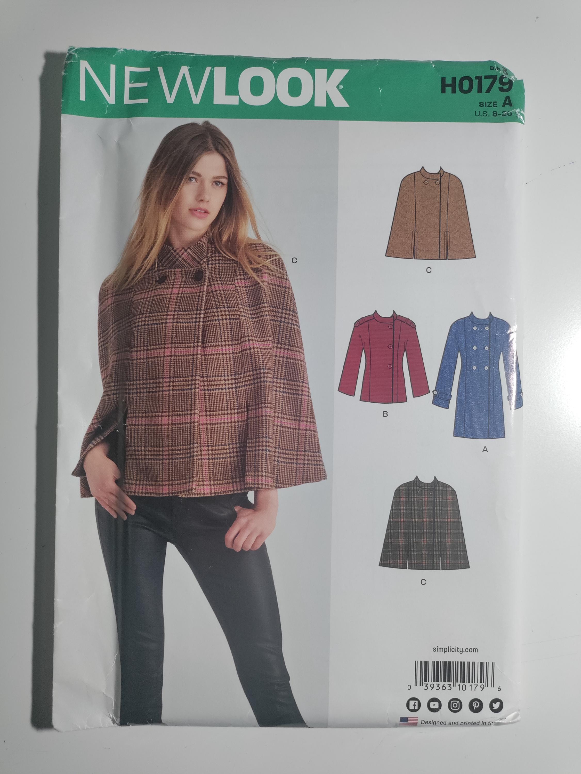 New Look H0179 cape, jacket/coat pattern, sizes 8-20, uncut and factory folded, see description and photos C.2018