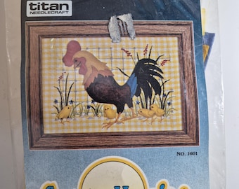 Country Morning NeedleCraft Kit # 1601 C1988 rooster and chicks, Titan NeedleCraft,  unopened & unused, Vintage, see description and photos