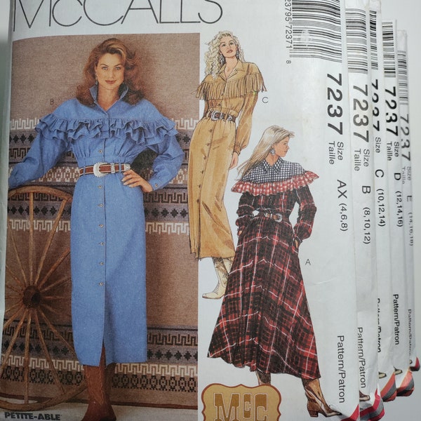 McCall's 7237 McC Old West Brand yoked dress with fringe option, pick your size, all uncut and factory folded, please see description