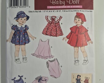 Simplicity 3879 baby doll clothes in 3 sizes S,M,L, uncut and factory folded, see description and photos C.2007