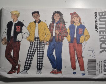 Butterick 6291 girls/boys baseball jacket with optional colorblocking & pants, all sizes S,M,L, uncut/factory folded, see description C1992