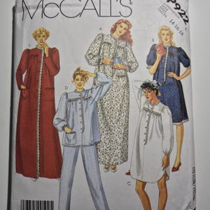 May include: McCall's sewing pattern P922 featuring illustrations of sleepwear designs. The envelope shows various styles, including a long red robe, a floral print nightgown, and a blue pajama set. Sizes 14-16-18.