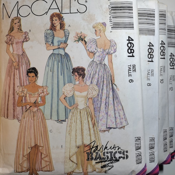 McCall's 4681 gown with sweetheart neckline and gathered skirt variations, pick your size, all uncut and f folded, please see description